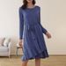 Women's Elegant Solid Color Long Sleeve Dress Slim Fit Crew Neck Mid Waist Belted Daily Evening Dresses_ecoleips.com