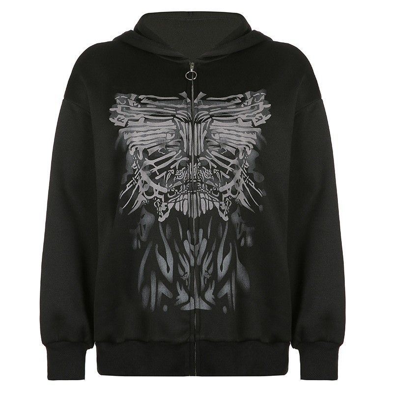 Women's Clothing Dark Themed Color Blocked Hooded Zip Up Cardigan Long Sleeved Boyfriend Style Loose Casual Jacket For Women Oversized_ecoleips.com