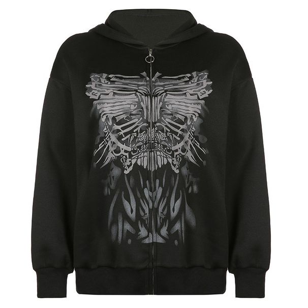 Women's Clothing Dark Themed Color Blocked Hooded Zip Up Cardigan Long Sleeved Boyfriend Style Loose Casual Jacket For Women Oversized_ecoleips.com