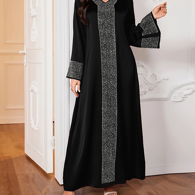 Women's Heavy Duty Rhinestone V Neck Long Dress Elegant Temperament Banquet Evening Gown Fashion plus Size Clothes_ecoleips.com