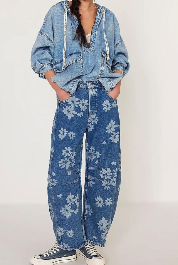25 Fall/Winter New Y2K Women's Jeans Loose Wide-Leg Floral Print Cropped Pants Mid-Waist Denim_ecoleips.com