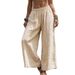 Women's Linen-Cotton Blend Wide Leg Pants, Elastic Waist Relaxed Trousers With Side Pockets, Casual Boho Palazzo Pants For Everyday_ecoleips.com