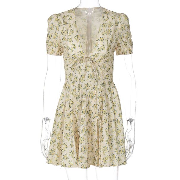 Women's Clothing Sexy Deep V Thin Waist Short Sleeve Medium Pleated Floral Dress_ecoleips.com