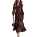 Women's Clothing Retro Print Long Dress Fashion Slim Waist V Neck Puff Sleeve Women's Clothing_ecoleips.com