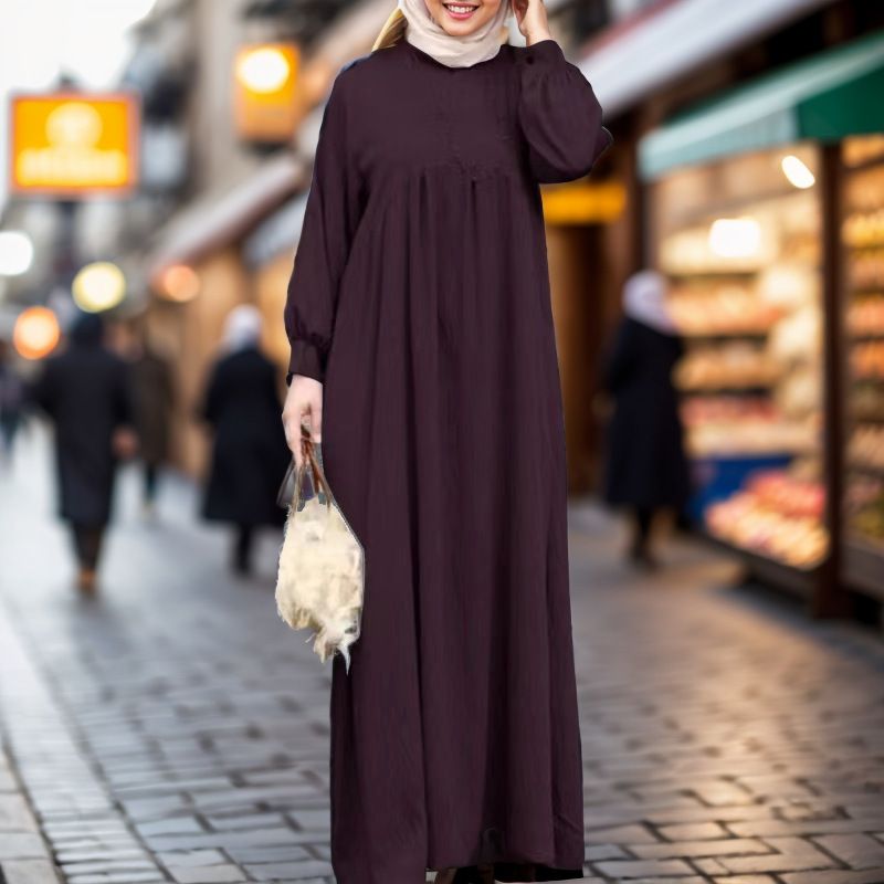 Women's Clothing Middle East Muslim Solid Color Large Size Long Sleeve Loose Pullover Casual Long Dress_ecoleips.com