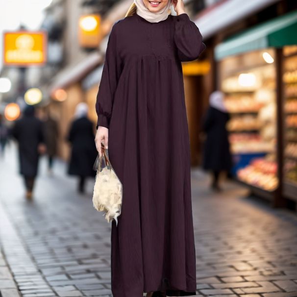 Women's Clothing Middle East Muslim Solid Color Large Size Long Sleeve Loose Pullover Casual Long Dress_ecoleips.com