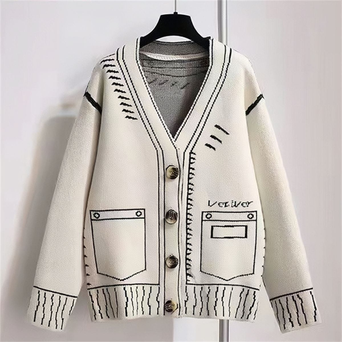Women's Oversized Cardigan – Abstract Doodle Knit Sweater (Unisex Fit, Acrylic-Blend, Cozy Loungewear, S/M/L)_ecoleips.com