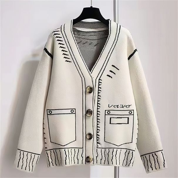 Women's Oversized Cardigan – Abstract Doodle Knit Sweater (Unisex Fit, Acrylic-Blend, Cozy Loungewear, S/M/L)_ecoleips.com
