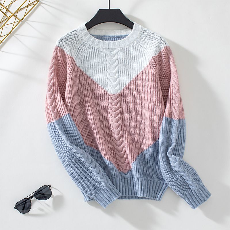 Chunky Knit Color-Block Sweater For Women – Vintage-Inspired Oversized Pullover (Blue, Pink, S, M, L, XL)_ecoleips.com