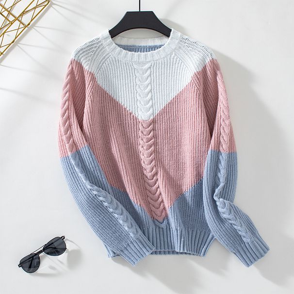 Chunky Knit Color-Block Sweater For Women – Vintage-Inspired Oversized Pullover (Blue, Pink, S, M, L, XL)_ecoleips.com