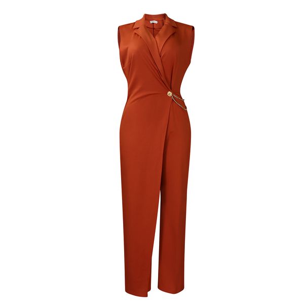 Women's clothing new style elegant suit collar waist chain loose wide leg jumpsuit_ecoleips.com