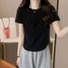 Solid-Color Design Fishbone Line Slimming Round-Neck T-Shirt For Women 2026 Summer, A Trendy Korean Pure Cotton Short-Sl_ecoleips.com