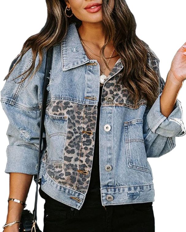 Women's Long Sleeve Denim Jacket Spring Style Leopard Print Patchwork Relaxed Everyday Wear Comfortable Feshion_ecoleips.com