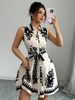 Women's Clothing New Style Tie Waist Printed Sleeveless Dress_ecoleips.com