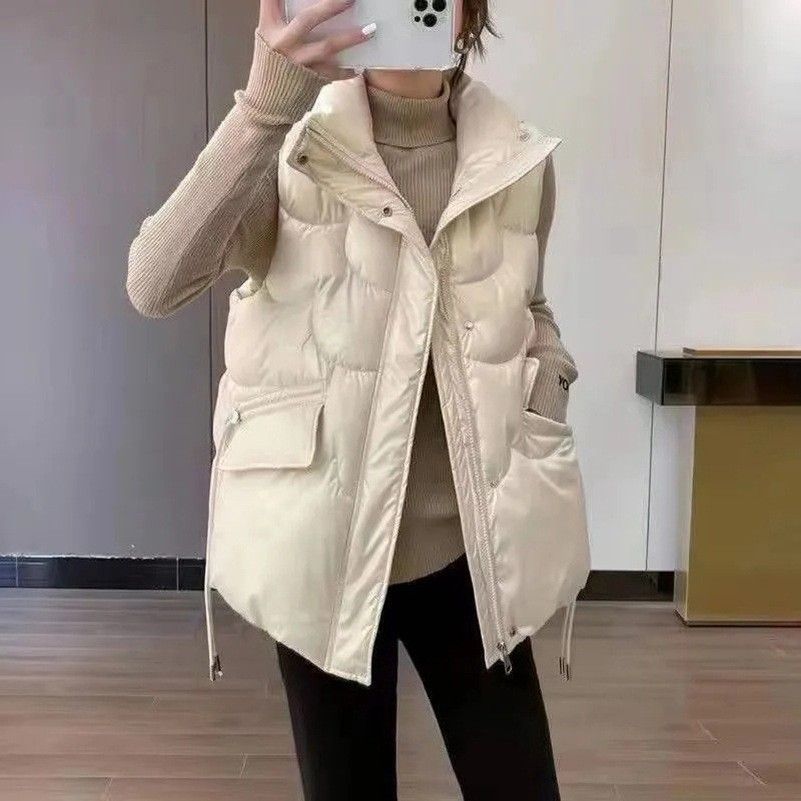 Women's Quilted Vest Jacket - Lightweight Padded Coat With V-Neck, Zip Front, And Polyester Shell For Autumn Winter Fashion_ecoleips.com