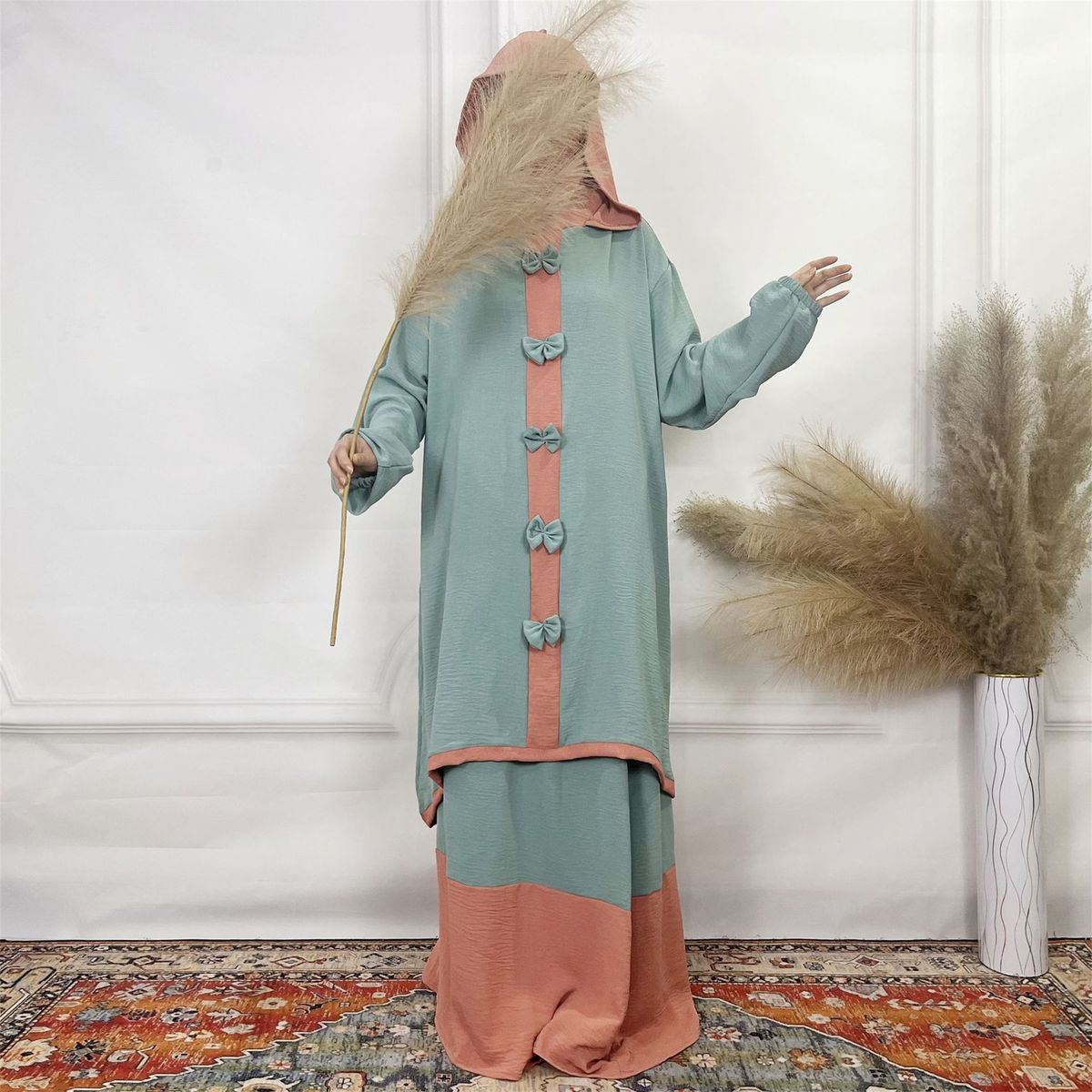 Muslim Dress Women Elegant Muslim Women's Two-Piece Abaya Set With Bow & Double-Layer Hood - Flowy Long Dress & Scarf Neck - Solid Color Modest Outfit (Pink, Blue)_ecoleips.com