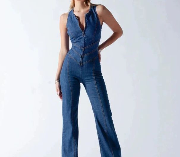 Women's Clothing Vintage High-Waisted Denim Jumpsuit – Sleeveless Retro Romper With Flared Legs For Women_ecoleips.com