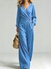 Women's Fashion V Neck Top And Wide Leg Pants Set Solid Color Long Sleeve Autumn Winter Outfit European American Style_ecoleips.com