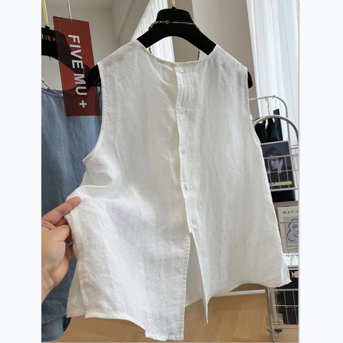 Women's Clothing Stylish Sleeveless Cotton Linen Vest Shirt Top For Curvy Women Round Neck Loose Fit Spring Summer Plus Size_ecoleips.com