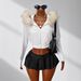 Petite Hooded Short Jacket Large Fur Collar Zip Up Solid Color Cropped Sexy Sweatshirt Autumn Winter Outerwear_ecoleips.com