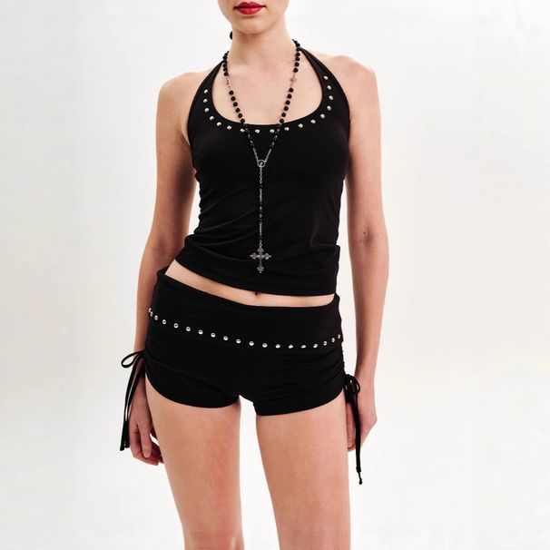 Women's European American Style Summer Halter Neck Tie Metal Rhinestone Slim Fit Vest And Shorts Set_ecoleips.com