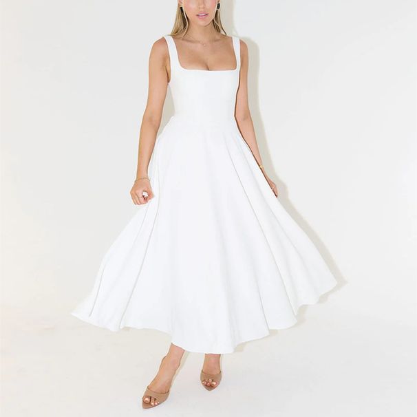 Summer Simple Sexy Solid Color Shoulder Strap Slim Midi Dress for Women European And American Style Cross Border Foreign Trade_ecoleips.com