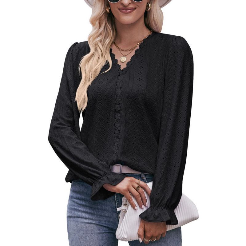 Autumn/Winter Solid Color Lace-Trimmed V-Neck Long-Sleeve Loose-Fitting T-Shirt_ecoleips.com