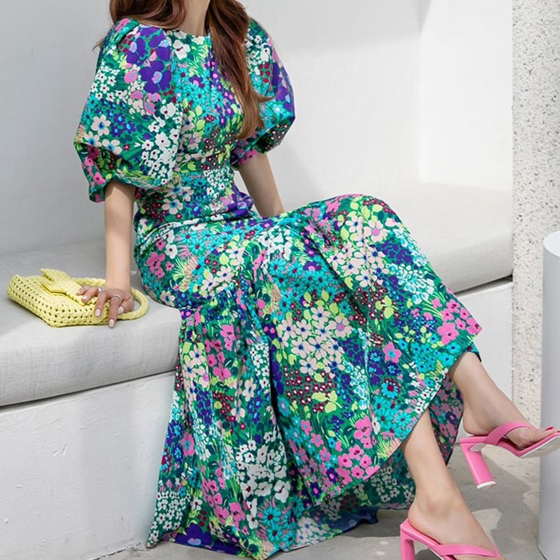 Women's Clothing Summer New Fashion Long Skirt Printed Floral Daisy Pastoral Super Slim Round Neck Fishtail Dress_ecoleips.com