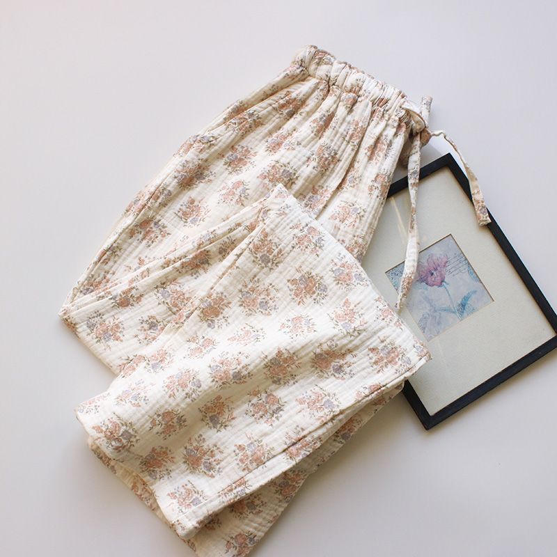 High Waist Thin Cotton Sleepwear Women's Home Pants Floral Print Breathable Cloth Comfortable Nightgown For Young Ladies_ecoleips.com