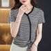 Striped Short-Sleeved T-Shirt For Women, Featuring A V-Neck Design; Comfortable And Stylish For Summer Wear. Available I_ecoleips.com