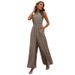 Women's clothing elastic waist high collar halter neck sleeveless floral wide-leg casual pants jumpsuit_ecoleips.com
