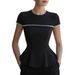 Elegant Short Sleeve Top With Beaded Detail For Women, Round Neck Casual Blouse, Comfortable Polyester Shirt For Office, Daily Wear_ecoleips.com