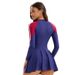 Women's Modest Long Sleeve Swim Dress Color Block UV Protection Rash Guard Skirted Bottom_ecoleips.com
