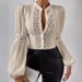 Elegant Lace-Trimmed Lantern Sleeve Blouse – Chic Stand Collar Top For Women_ecoleips.com