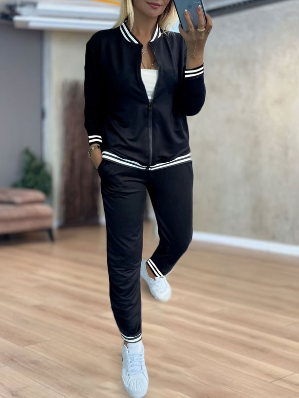 Women's 2-Piece Set Casual Knit Tracksuit With Striped Detail, Long Sleeve Zip-Up Jacket And Lounge Pants For Fall_ecoleips.com