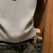 Contrast Stripe Knit Top - Slim-Fit Grey Ribbed Short Sleeve Shirt For Women, Minimalist Japanese Style Casual Wear_ecoleips.com