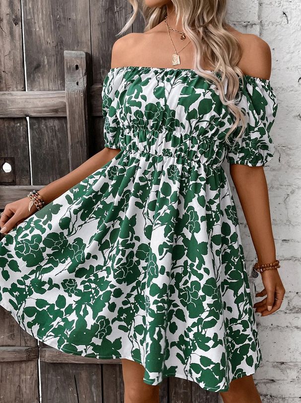 New Casual Off-Shoulder Dress Short Sleeve Loose Floral Print Women's Fashion Dress_ecoleips.com