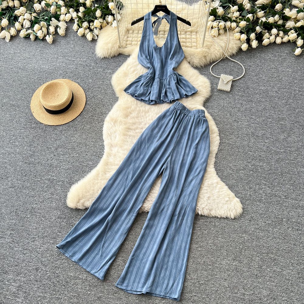 Women's Halter Neck Tie Vest High Waisted Wide Leg Pants Two Piece Set Slim Fit Summer Resort Style Clothing_ecoleips.com