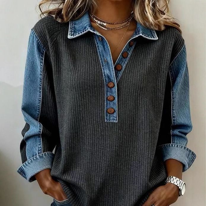 Women's Clothing Loose Ribbed Sweatshirt With Denim Patchwork Collar Washed Fashion New_ecoleips.com