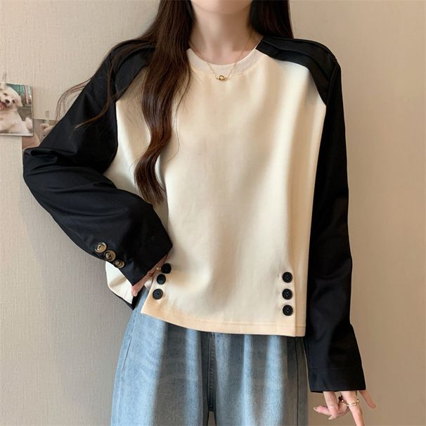 European And American Style Color-blocked Round-neck Sweatshirt Without A Hood For Women, Autumn Versatile Korean_ecoleips.com