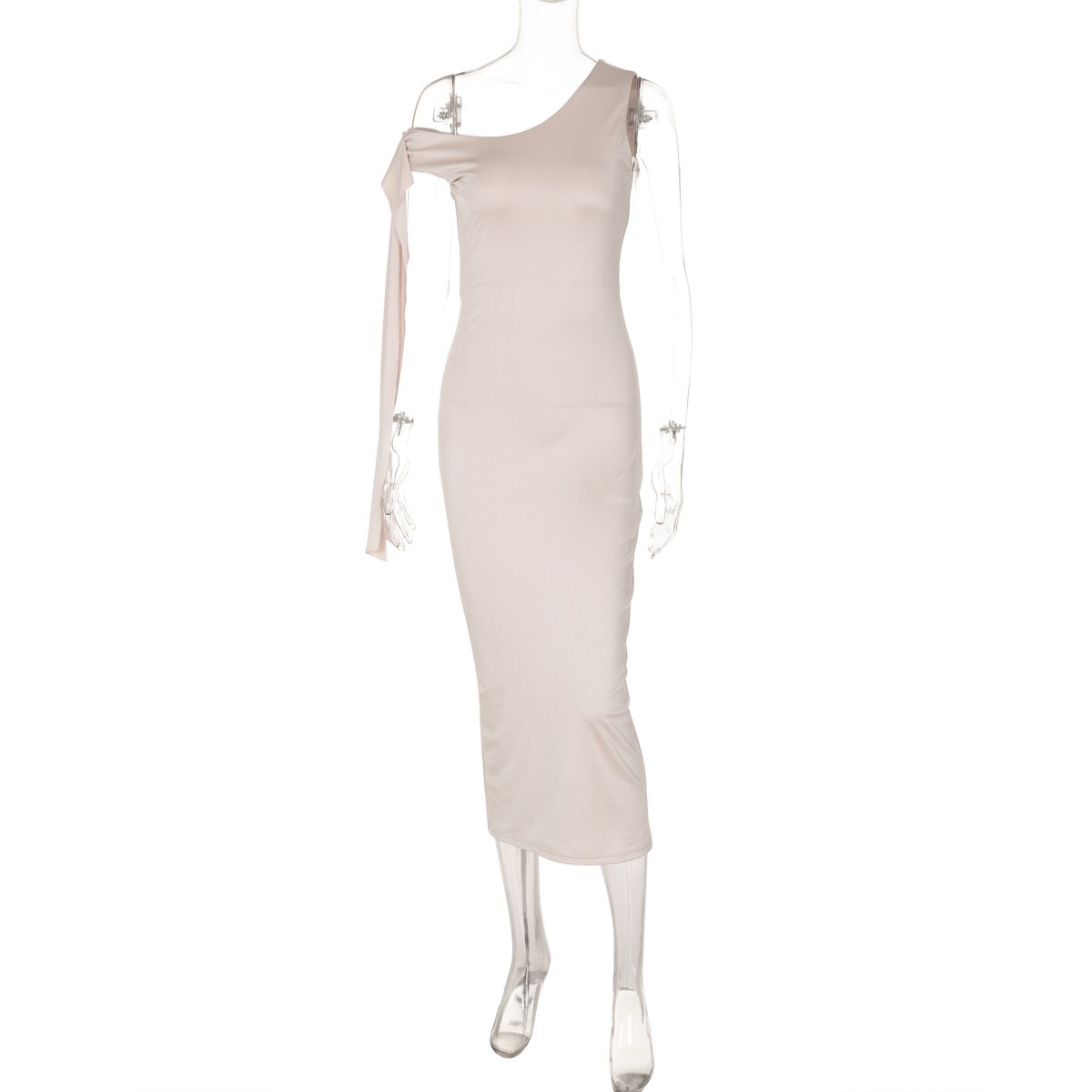 Koko Diva Elegant Asymmetrical One-Shoulder Bodycon Dress Beige Sash High-Slit Design Women's Dress S-L_ecoleips.com