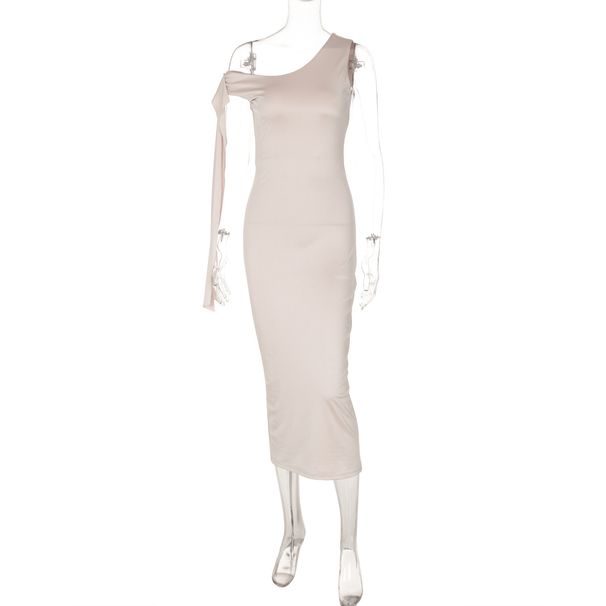 Koko Diva Elegant Asymmetrical One-Shoulder Bodycon Dress Beige Sash High-Slit Design Women's Dress S-L_ecoleips.com