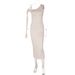 Koko Diva Elegant Asymmetrical One-Shoulder Bodycon Dress Beige Sash High-Slit Design Women's Dress S-L_ecoleips.com