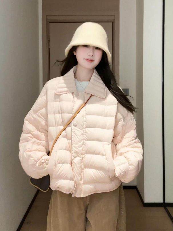 girl Ligh Oxygen Pink Down Jacke For Women Winer New Swee Syle Amosphere Simple Solid Color Turn-Down Collar Coon_ecoleips.com