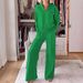 Women's Clothing New Casual V Neck Long Sleeved Loose Top Wide Leg Pants Two Piece Set_ecoleips.com