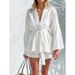 Spring And Summer Fashion V-Neck Bubble Sleeve Set For Women With A Design Sense, Lace-Up Waist And Jacquard Two-Piece S_ecoleips.com