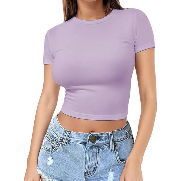 Women's Round Neck Short Sleeve T-Shirt Fashionable Thin Pullover Milk Silk Top For Hot Summer Baring Design_ecoleips.com