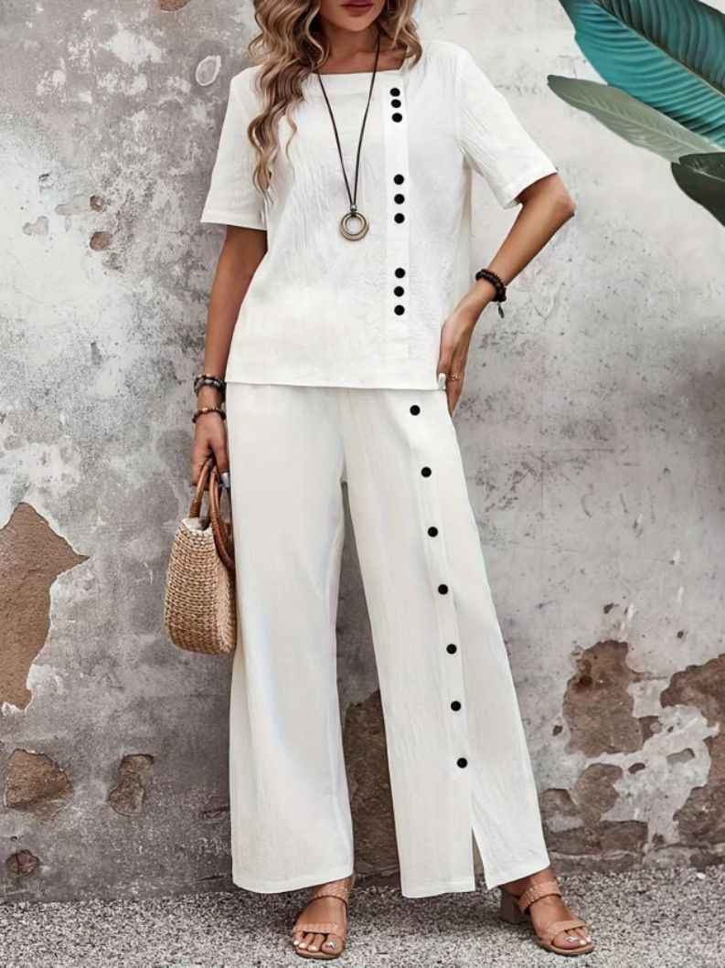 Women's Clothing Women's Linen Cotton Casual Two-Piece Set – Short Sleeve Button Top + Wide Leg Pants (Blue/Khaki/White, S-3XL) | Breathable Outfit_ecoleips.com