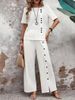 Women's Clothing Women's Linen Cotton Casual Two-Piece Set – Short Sleeve Button Top + Wide Leg Pants (Blue/Khaki/White, S-3XL) | Breathable Outfit_ecoleips.com