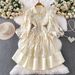 Slimming Lace Midi Dress European American Style Design Niche Mesh Patchwork Rhinestone Embellished Lapel Lantern Sleeves Waist Cinching_ecoleips.com